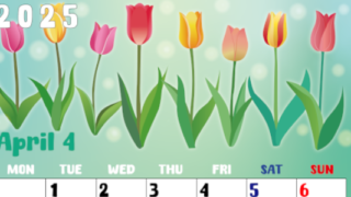 2025年4月縦型の月曜始まり チューリップイラストのかわいいA4無料カレンダー