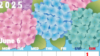 2025年6月縦型の月曜始まり アジサイイラストのかわいいA4無料カレンダー