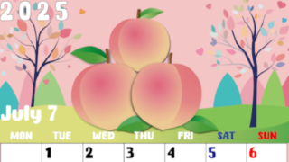 2025年7月縦型の月曜始まり 桃イラストのかわいいA4無料カレンダー