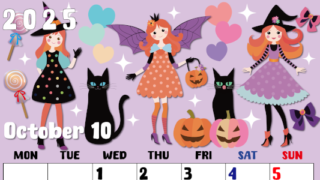 2025年10月縦型の月曜始まり  ポップなイラストのかわいいA4無料カレンダー