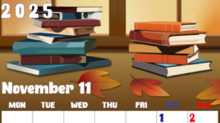 2025年11月縦型の月曜始まり 本イラストのかわいいA4無料カレンダー