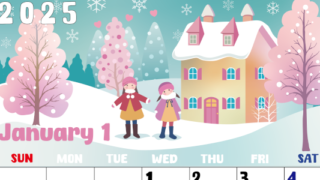 2025年1月縦型の日曜始まり イラストのかわいいA4無料カレンダー