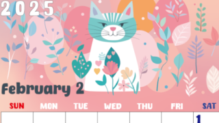 2025年2月縦型の日曜始まり イラストのかわいいA4無料カレンダー