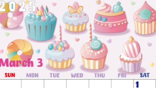 2025年3月縦型の日曜始まり イラストのかわいいA4無料カレンダー