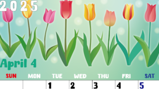2025年4月縦型の日曜始まり チューリップイラストのかわいいA4無料カレンダー