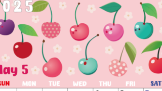 2025年5月縦型の日曜始まり サクランボイラストのかわいいA4無料カレンダー