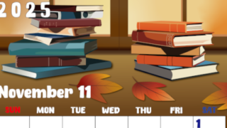 2025年11月縦型の日曜始まり 本イラストのかわいいA4無料カレンダー