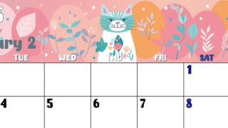 2025年2月横型の月曜始まり イラストのかわいいA4無料カレンダー
