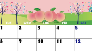 2025年7月横型の月曜始まり 桃イラストのかわいいA4無料カレンダー