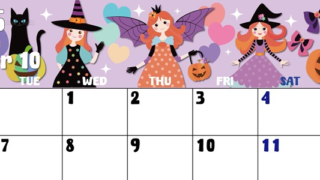 2025年10月横型の月曜始まり ポップなイラストのかわいいA4無料カレンダー