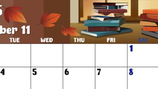 2025年11月横型の月曜始まり 本イラストのかわいいA4無料カレンダー