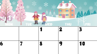 2025年1月横型の日曜始まり イラストのかわいいA4無料カレンダー