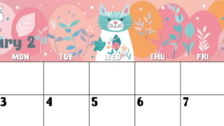 2025年2月横型の日曜始まり イラストのかわいいA4無料カレンダー