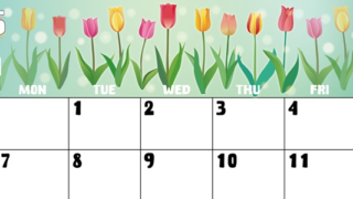 2025年4月横型の日曜始まり チューリップイラストのかわいいA4無料カレンダー
