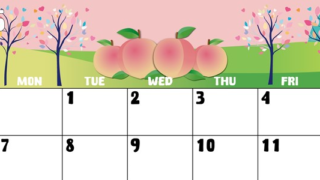 2025年7月横型の日曜始まり 桃イラストのかわいいA4無料カレンダー