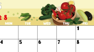 2025年8月横型の日曜始まり 野菜イラストのかわいいA4無料カレンダー