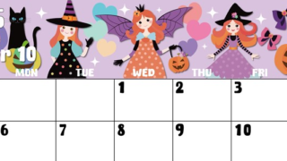 2025年10月横型の日曜始まり  ポップなイラストのかわいいA4無料カレンダー