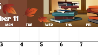 2025年11月横型の日曜始まり 本イラストのかわいいA4無料カレンダー