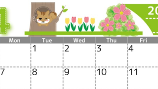 2025年4月横型の日曜始まり リスのイラストがかわいいA4無料カレンダー