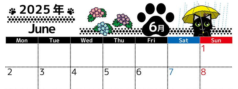 2025年6月横型の月曜始まり 黒猫イラストのかわいいA4無料カレンダー