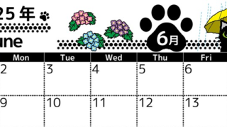 2025年6月横型の日曜始まり 黒猫イラストのかわいいA4無料カレンダー