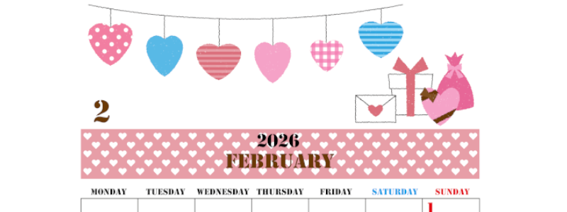 2026年2月縦型の月曜始まり ラブレターイラストのかわいいA4無料カレンダー