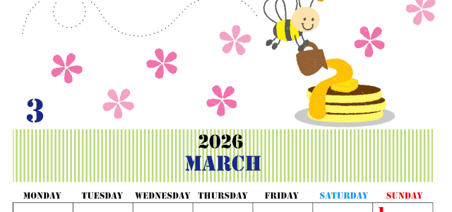2026年3月縦型の月曜始まり パンケーキイラストのかわいいA4無料カレンダー