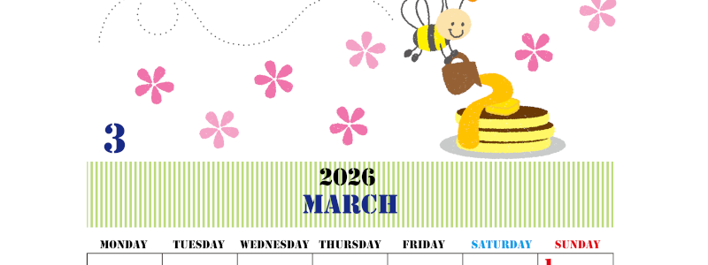 2026年3月縦型の月曜始まり パンケーキイラストのかわいいA4無料カレンダー