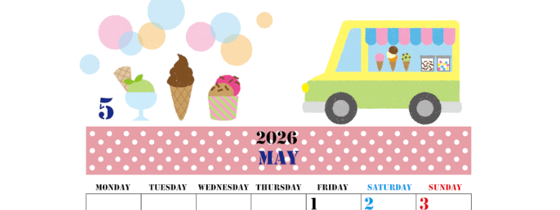 2026年5月縦型の月曜始まり アイスクリームのイラストがかわいいA4無料カレンダー