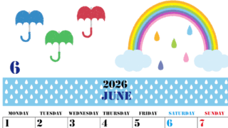 2026年6月縦型の月曜始まり 虹イラストのかわいいA4無料カレンダー
