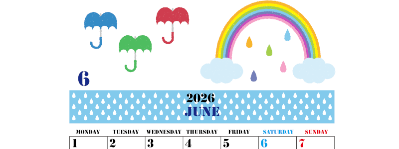 2026年6月縦型の月曜始まり 虹イラストのかわいいA4無料カレンダー