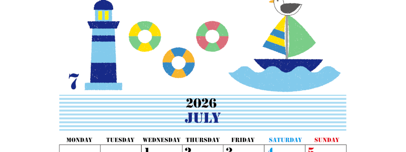 2026年7月縦型の月曜始まり マリンなイラストのかわいいA4無料カレンダー