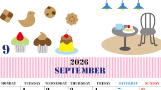 2026年9月縦型の月曜始まり 食欲の秋イラストのかわいいA4無料カレンダー