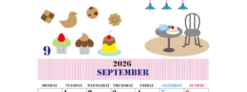2026年9月縦型の月曜始まり 食欲の秋イラストのかわいいA4無料カレンダー