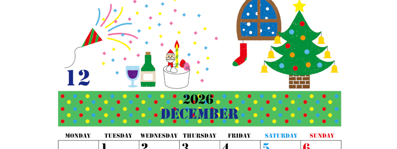 2026年12月縦型の月曜始まり パーティーのイラストがかわいいA4無料カレンダー