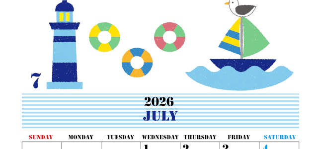 2026年7月縦型の日曜始まり マリンなイラストのかわいいA4無料カレンダー