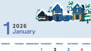 2026年1月縦型の月曜始まり 雪とドットのイラストおしゃれA4無料カレンダー