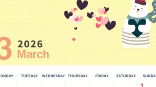 2026年3月縦型の月曜始まり 白熊イラストのおしゃれA4無料カレンダー