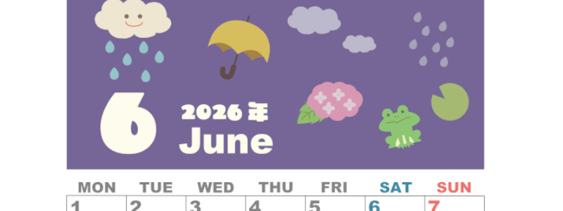 2026年6月縦型の月曜始まり 雨イラストのかわいいA4無料カレンダー
