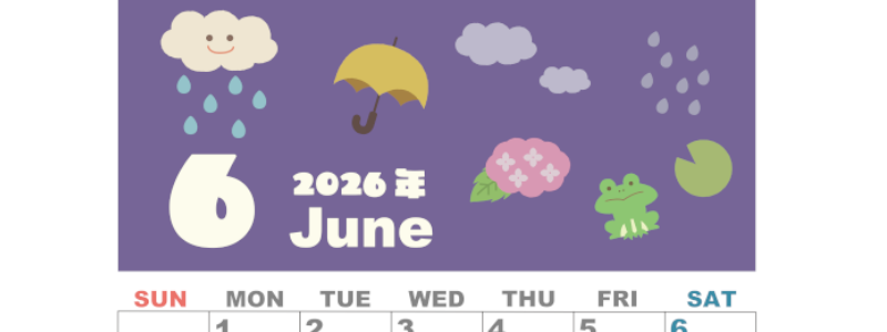 2026年6月縦型の日曜始まり 雨イラストのかわいいA4無料カレンダー