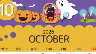 2026年10月縦型の月曜始まり 行事イラストのかわいいA4無料カレンダー