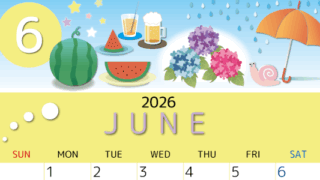 2026年6月縦型の日曜始まり すいかイラストのかわいいA4無料カレンダー