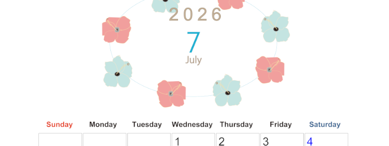 2026年7月縦型の日曜始まり 花のイラストがかわいいA4無料カレンダー
