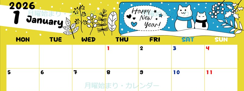 2026年1月横型の月曜始まり 雪と猫イラストのかわいいA4無料カレンダー