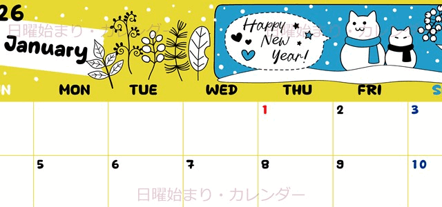 2026年1月横型の日曜始まり 雪だるま猫イラストのかわいいA4無料カレンダー