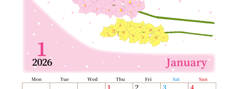 2026年1月縦型の月曜始まり ピンクの花イラストのおしゃれA4無料カレンダー