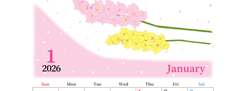 2026年1月縦型の日曜始まり ピンクの花イラストのおしゃれA4無料カレンダー