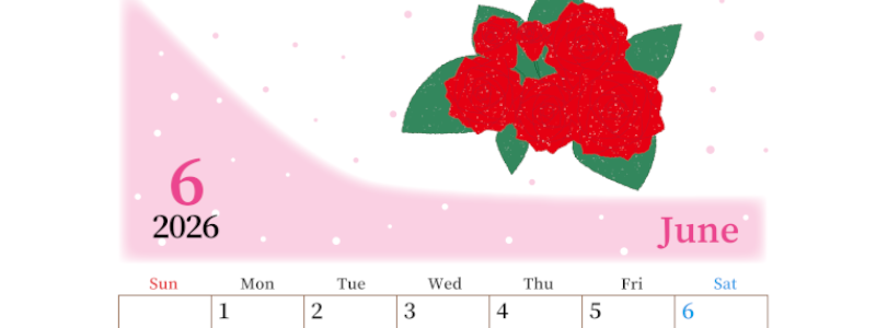 2026年6月縦型の日曜始まり 薔薇イラストのおしゃれA4無料カレンダー