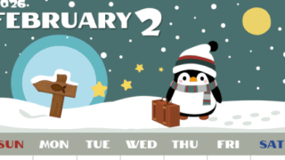 2026年2月縦型の日曜始まり ペンギンのイラストがかわいいA4無料カレンダー