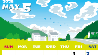 2026年5月縦型の日曜始まり 村のイラストのかわいいA4無料カレンダー